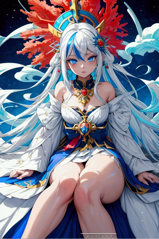 1girl,solo,[palace],gawr gura,floating hair,hair ornament,jewelries,accessories,,,white hair,blue hair,streaked hair,beautiful detailed eyes,blue eyes,white robe,greek clothes,sitting,flowing clothes,dutch angle,[[[colorful corals,coral reefs,pillars,pantheon,white pillars,white palace,colorful orb,colorful crystal,light particles,bubbles,schools of fish,fishes,colorful fish,multicolored fishes]]],digital art by fuzichoco,digital art by mika pikazo,digital art by arutera,pixiv contest winner,fantasy art,pixiv,official art,anime,vibrant,vivid colors,awesome lighting,ray tracing,beautiful background,awesome background,digital art,underwater,colorful,vivid colors,magic particles