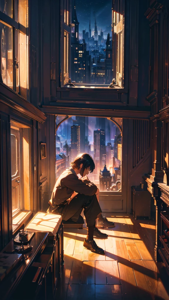 What more do I have to lose for my heart to be forgiven?、How much pain would it take to see you again?, Man sitting on the floor looking out the window, Modern buildings, Surrealism, chiaroscuro, cinematic lighting, UHD, high details, best quality, highres, 8k