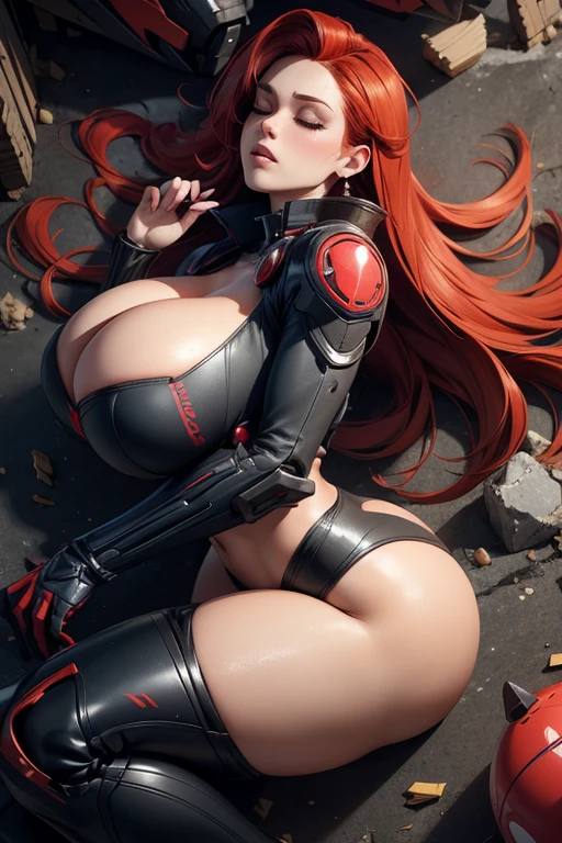 Super-detailed, 8k, 1 girl, mature, long red hair, perfect figure, busty body, curvy body, large and droopy breast, slender hips, thick thighs, huge round ass, mech suit, defeated and passed out, lay down in the rubble, eye shut, ripped clothes, view from above