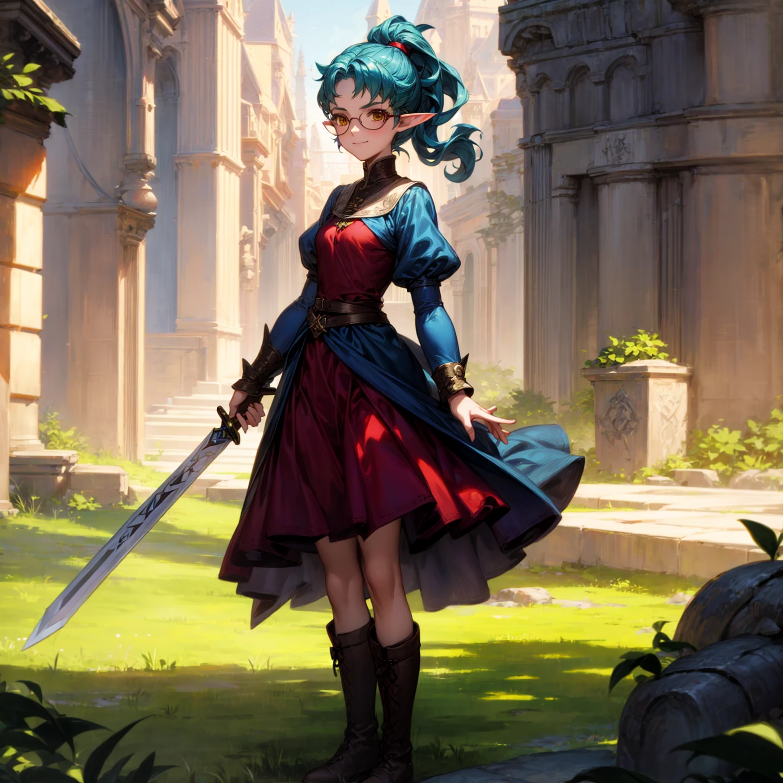 Solo character, full body version, young girl, (elf), glasses, yellow eyes, blue color hair, long Curly haircut, ponytail, red dress Victorian, short dress, boots, outdoor, town, medieval, standing gesture, detailed background, detailed clothing, detailed hair, (Hunter x Hunter style art), sad eyes, smile mouth, sword in hand