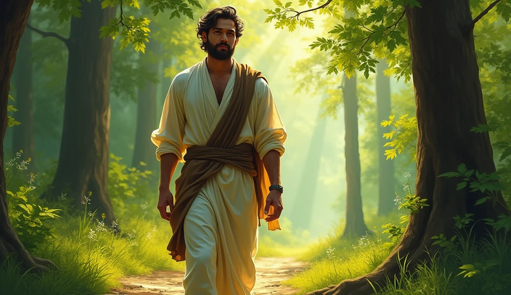 A male stoic philosopher with a well-proportioned and attractive physique, not excessively muscular. He is wearing classic tunics, slightly transparent, that gently drape over his body, subtly revealing parts of his shoulder, with a very short and well-groomed beard, and wavy, well-stylized hair. He is walking through a dense forest, his path illuminated by soft beams of light filtering through the trees. His expression is resolute as he considers how to overcome the obstacles ahead with wisdom and practical solutions. The scene is set in a vibrant, impressionist landscape with rich colors and dynamic brushstrokes, creating a sense of movement and emotion. The background has a subtle texture that adds depth but complements the text without overpowering it.