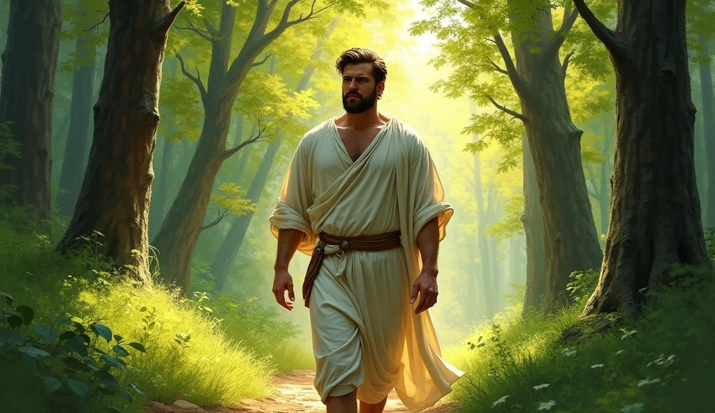 A male stoic philosopher with a well-proportioned and attractive physique, not excessively muscular. He is wearing classic tunics, slightly transparent, that gently drape over his body, subtly revealing parts of his shoulder, with a very short and well-groomed beard, and wavy, well-stylized hair. He is walking through a dense forest, his path illuminated by soft beams of light filtering through the trees. His expression is resolute as he considers how to overcome the obstacles ahead with wisdom and practical solutions. The scene is set in a vibrant, impressionist landscape with rich colors and dynamic brushstrokes, creating a sense of movement and emotion. The background has a subtle texture that adds depth but complements the text without overpowering it.