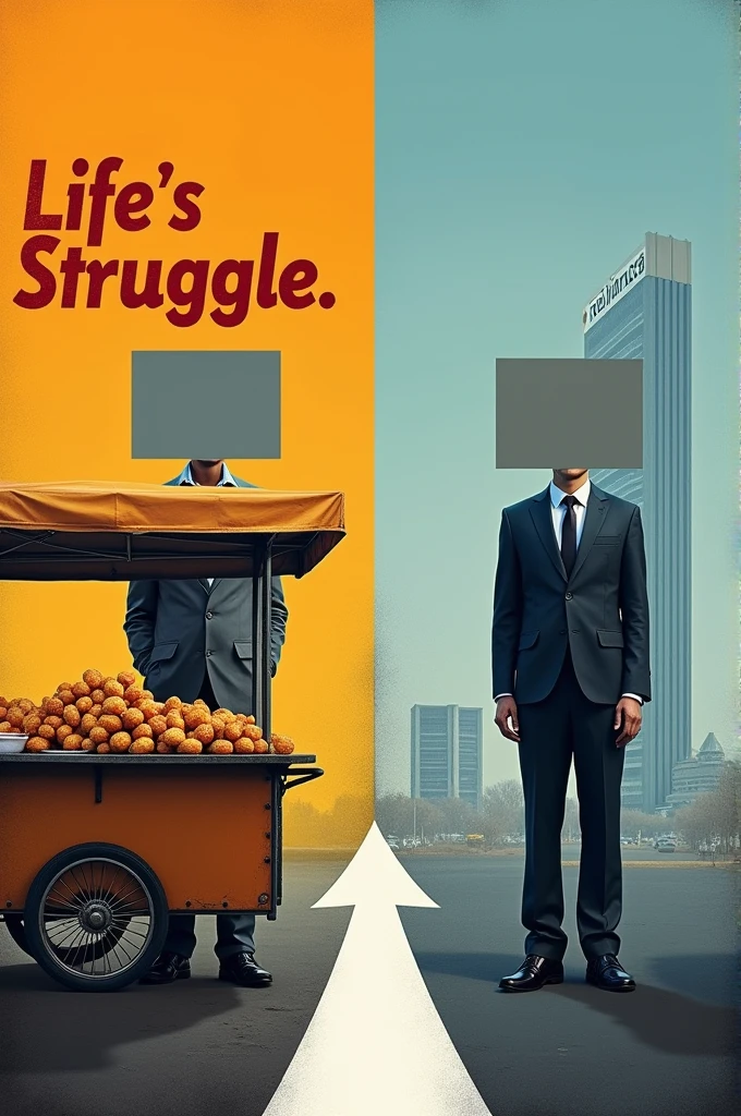 Left Side: Street Vendor
Person: An individual with their face obscured by a gray rectangle.
Setting: Standing behind a street food cart filled with fried snacks.
Text: Above this person, there is text in Hindi script which translates to “Life’s Struggle.”
Right Side: Corporate Success
Person: Another individual dressed in a business suit with their face also obscured by a gray rectangle.
Setting: Standing in front of a modern building with signage that reads “RELIANCE,” indicating it may be an office or headquarters for the Reliance company.
Text: No additional text on this side.
Connecting Element
Arrow: A white arrow points from the individual on the left to the one on the right, suggesting a transition or journey from one state to another.
Overall Theme
The image visually represents themes of ambition, economic growth, and personal development from humble beginnings to corporate success. It might also invoke discussions about socioeconomic disparities and opportunities for advancement.