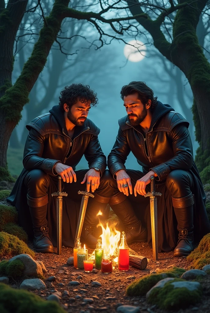 twin brothers, Ladinos in the medieval era with swords in their sheaths, rings and preparing poisonous potions sitting by a campfire in the middle of the forest, incredibly imaginative