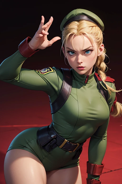 Cammy de Street fighter, sexy mini leotardo color verde tipo militar, botas negras tipo militar, Green beret, nationality England, United Kingdom, Height 164 cm, Weight 46 kg, blue eyes/greens, blond hair, hair styled in a braid, Bust measurements 86 cm, waist 57 cm, hips 88 cm,  Fighting style Shadaloo fighting techniques (Cammy Shadaloo), Delta Red training for self defense, (masterpiece), cinema quality, realistic photography, ultra high definition,