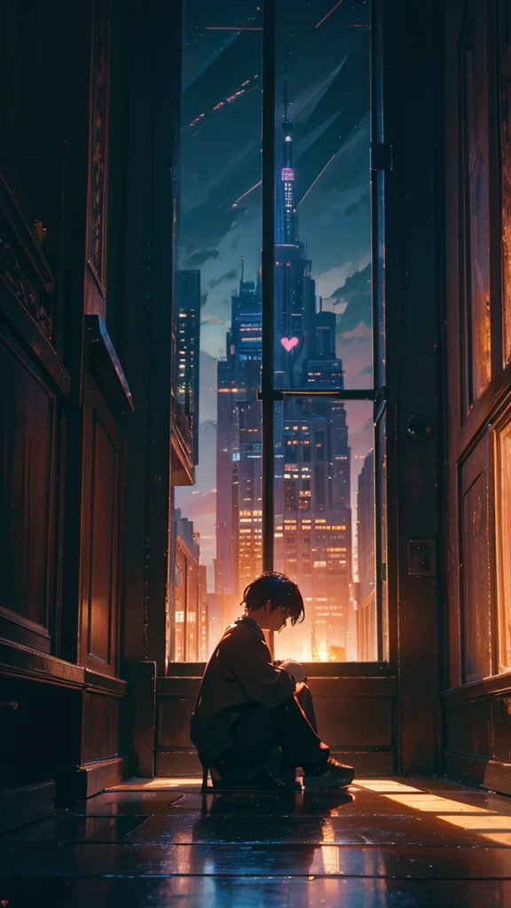 What more do I have to lose for my heart to be forgiven?、How much pain would it take to see you again?, Man sitting on the floor looking out the window, Modern buildings, Surrealism, chiaroscuro, cinematic lighting, UHD, high details, best quality, highres, 8k