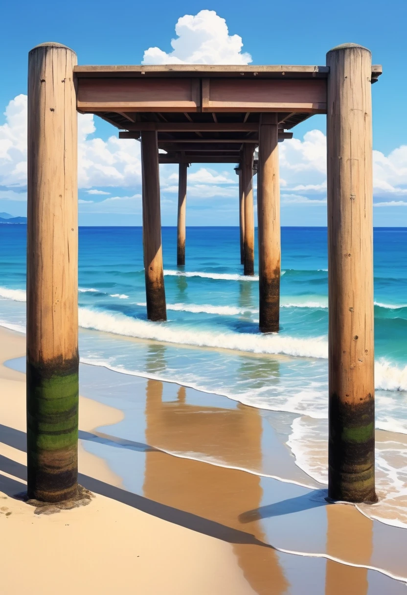 Beautiful sky，clear skies，cloudy，beach，Sand ground, anime Style, Japanese Beach Pier, MAPPA style