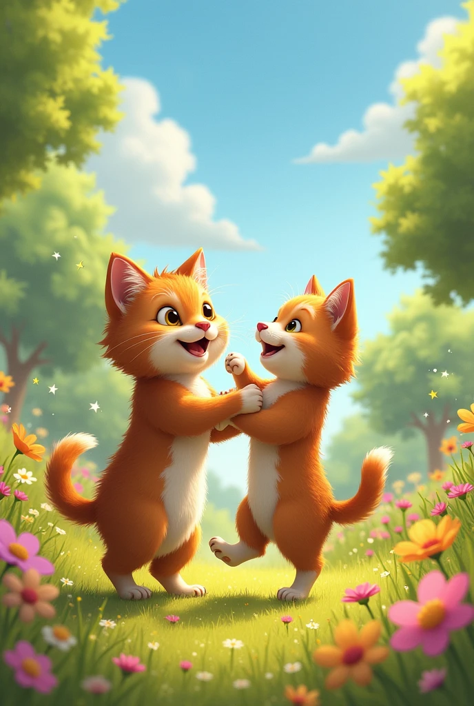 A cat standing on two legs, holding a dog with its paws, both smiling as they dance together in a beautiful nature scenery background