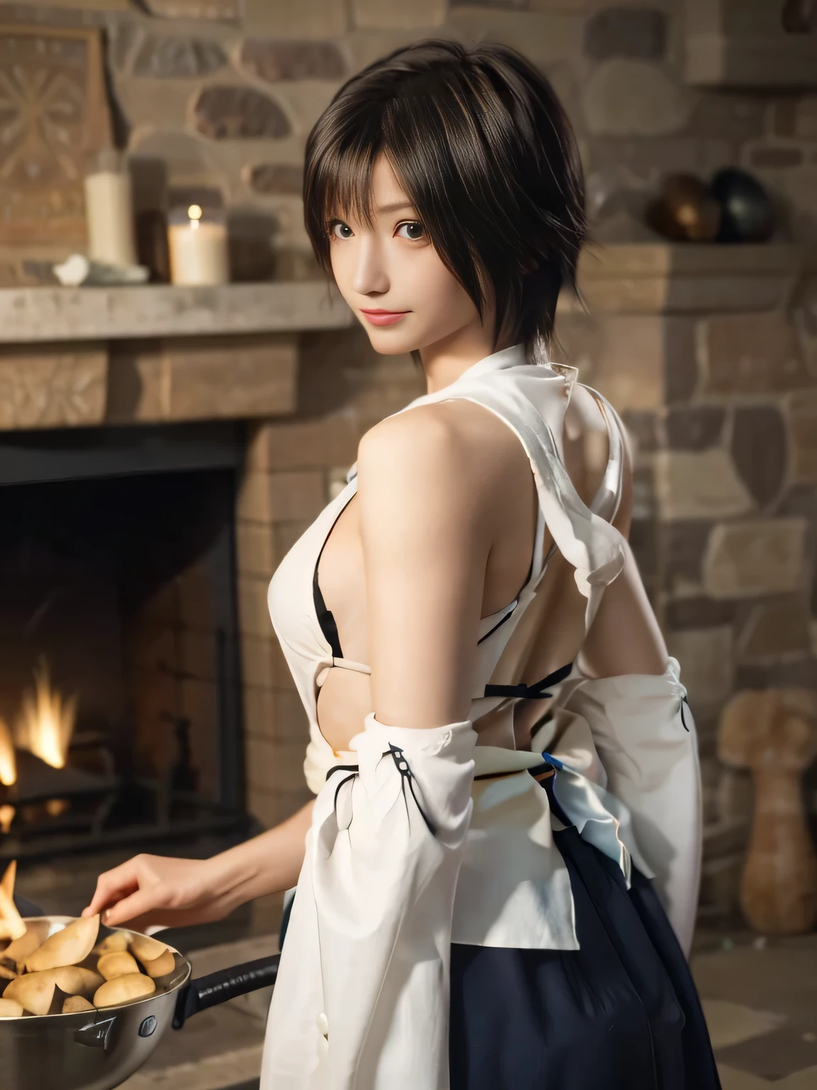 20 year old Japanese beauty，One person、Muscular body like a bodybuilder、Emphasize the breasts、Slit eyes、A head-to-toe view，Bust is very very large、The background is a medieval European kitchen、High quality photos、Clear, crisp images of the lower body、Masterpiece 8k、Smiling、Roasting mushrooms in the fireplace、From the front, from the side, from the back, etc.々from what camera angle to shoot、FF10 Yuna's outfit、
