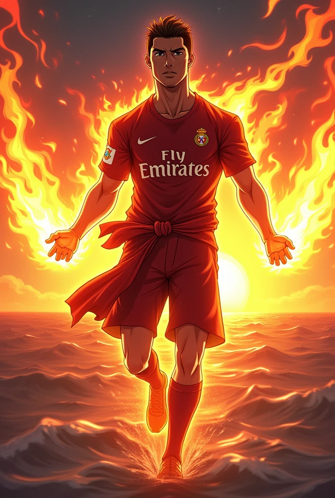 Do the One Piece Ace with fire in his arms and the appearance of Cristiano Ronaldo, anime styling