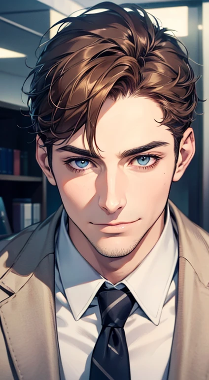 (best quality,4k,8k,highres,masterpiece:1.2),ultra-detailed,(realistic,photorealistic,photo-realistic:1.37),1 man,31 years old,mature man,very handsome,without expression,smile,short grey brown hair,blue eyes,penetrating gaze,perfect face without errors,imposing posture,businessman,office background,cinematic lighting,hdr image