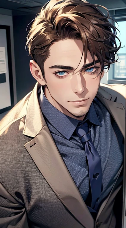 (best quality,4k,8k,highres,masterpiece:1.2),ultra-detailed,(realistic,photorealistic,photo-realistic:1.37),1 man,31 years old,mature man,very handsome,without expression,smile,short grey brown hair,blue eyes,penetrating gaze,perfect face without errors,imposing posture,businessman,office background,cinematic lighting,hdr image