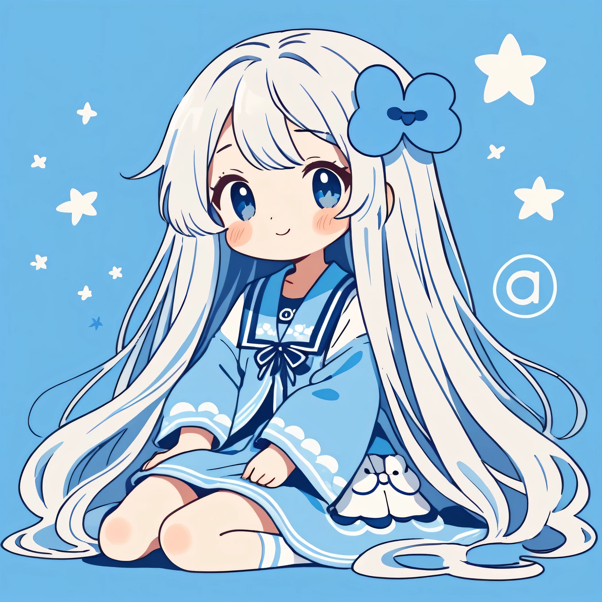 light blue and White Style, White long hair, happy, sleepy, Simple line initials, Abstract art, Kawaii Design, The most beautiful girl of all time, chibi, summer ta fashion