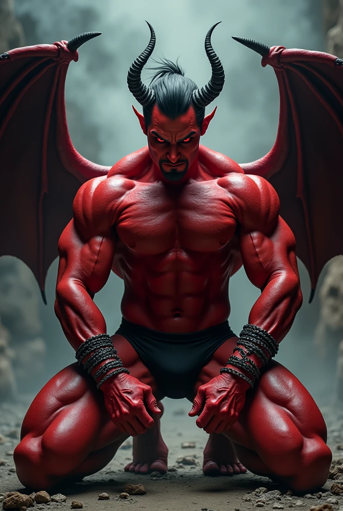 hairy chest, body only, muscular, red skin, dark gray hair, knight kneeling, huge pecs, huge body, big arms, eight-pack abs, black jockstrap, big bulge with balls, chain bind around body, Dong Zhou, bat wings, two black small horns, demon, red pupils, red iris, black sclera, spiral eyes, red skinned, big penis