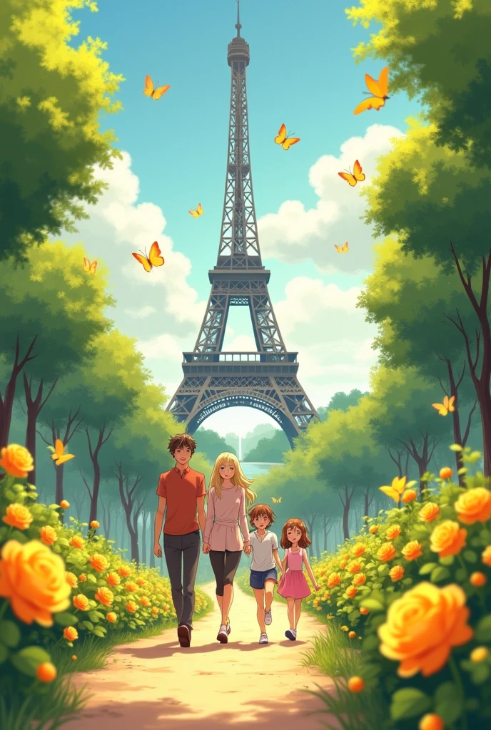 Create an anime with an Eiffel Tower on top, a family with a father, mother and 2 daughters, with butterflies , a path with yellow roses
