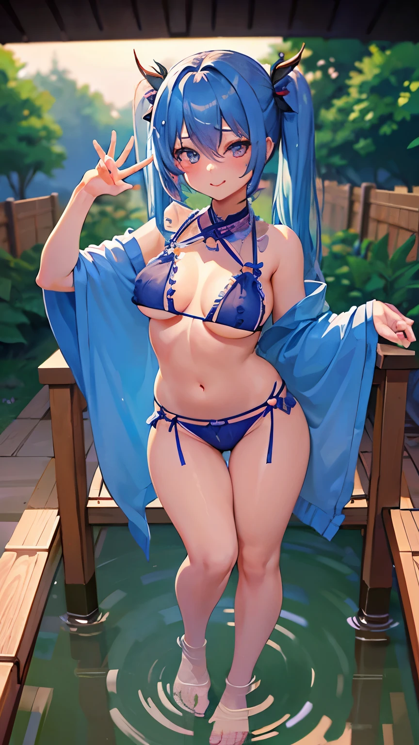 (Vulgar),Highest quality、beautiful girl、2People lined up、Mix of blue and pink hair、Twin tails、The look of temptation、Eyes are quite large、Mouth agape、Sticking out tongue、Very sheer yukata、Cute small breasts、Cute, pretty nipples standing、Sweaty skin,、Cleavage、Belly button、Indecently dishevelled yukata、evening、Private hot spring、Put your feet in the water、looking at the camera、Illuminated from the front、No panties、Anatomically correct