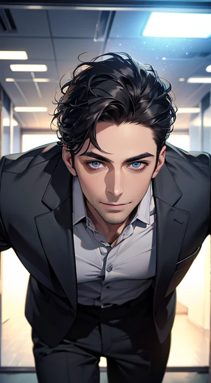 (best quality,4k,8k,highres,masterpiece:1.2),ultra-detailed,(realistic,photorealistic,photo-realistic:1.37),1 man,31 years old,mature man,very handsome,without expression,smile,short grey black hair,blue eyes,penetrating gaze,perfect face without errors,imposing posture,businessman,office background,cinematic lighting,hdr image