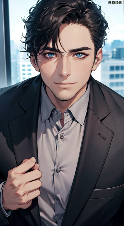 (best quality,4k,8k,highres,masterpiece:1.2),ultra-detailed,(realistic,photorealistic,photo-realistic:1.37),1 man,31 years old,mature man,very handsome,without expression,smile,short grey black hair,blue eyes,penetrating gaze,perfect face without errors,imposing posture,businessman,office background,cinematic lighting,hdr image