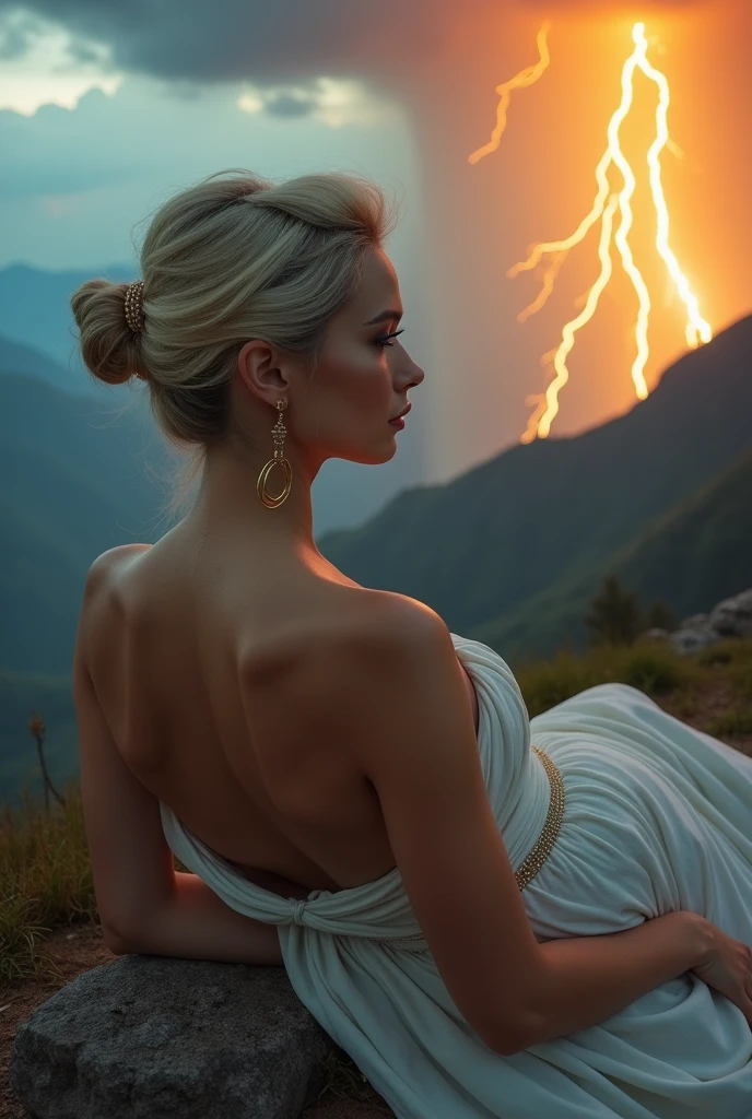 1 nubile goddess reclining on her back, 3:4 full frontal body portrait, (merge young faces of Ivanka Trump and Rila Fukushima into best 50/50 blend), (best detailed face, best lifelike face, best lifelike nose and eyes), Grecian upstyle hairstyle with high standing ponytail, pucker lips, pale snowy colored skin, wearing intense Cleopatra makeup, huge hoop earrings, bodacious, hourglass figure, playboy playmate body, huge natural breasts, nubile, sweaty, show armpits, cameltoe, underboobs, wearing Egyptian goddess costume, mindless facial expression, deeply hypnotized facial expression, deeply entranced facial expression, ((bright fiery primeval backdrop with Intense lightning strikes and severe thunderstorms towering over misty mountains)), (RAW Photo, 12K, best quality, best masterpiece, hires, best realism, best photorealism, vivid colors and natural outdoor lighting)