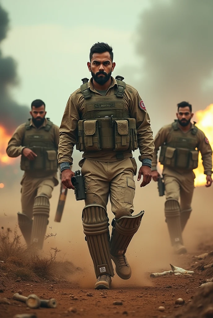 Create photo of Indian cricketers in combat field during war, Virat Kohli, Rohit sharma, jasprit bumrah, hardik pandya