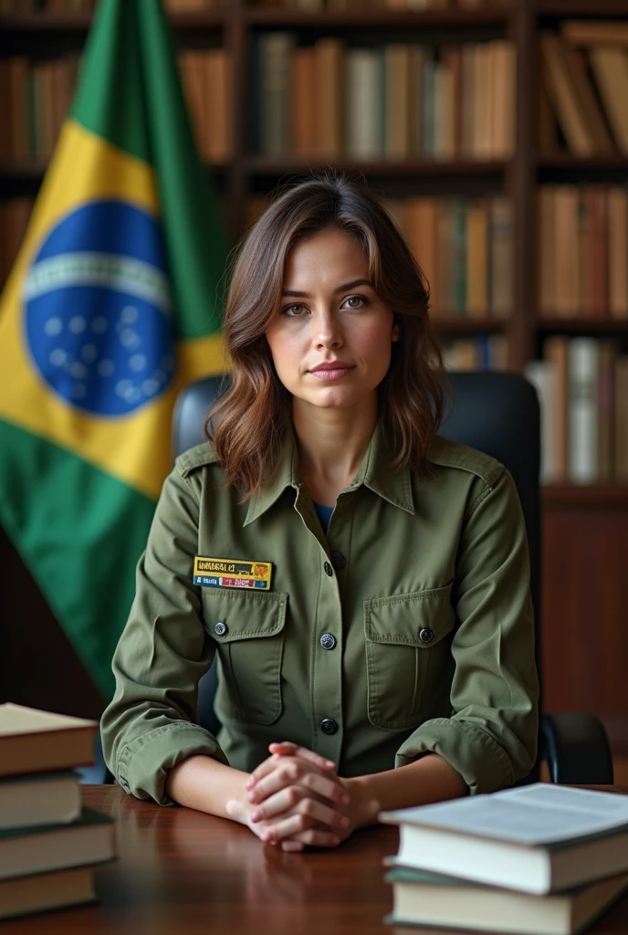 1 latina girl, black hair, short hair, updo hair, Brazil national team shirt, round eyewear, glasses, library, green eyes, solo, leaning towards viewer, black eyeliner