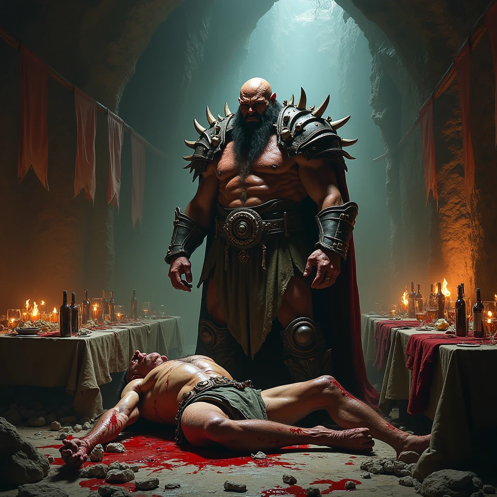 Make an image representing a Massacre Party between an Orc king and a corpse, The place can be in a room