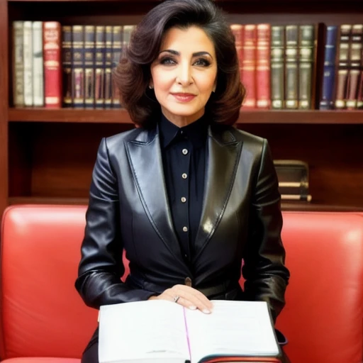 A 66-year-old Iranian beauty is dressed in an official leather secretary suit...((62 years old))