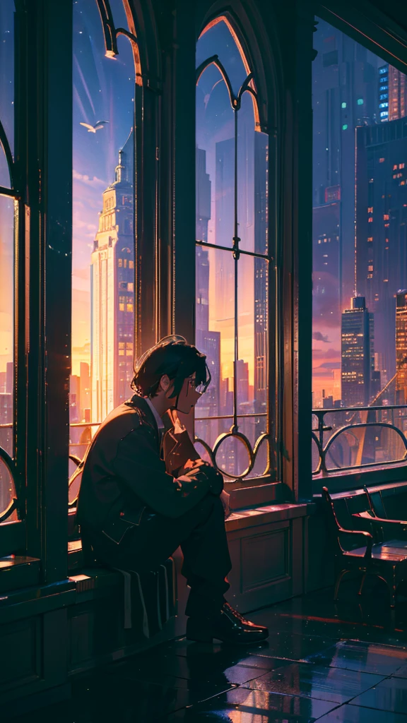 What more do I have to lose for my heart to be forgiven?、How much pain would it take to see you again?, Man sitting on the floor looking out the window, Modern buildings, Surrealism, chiaroscuro, cinematic lighting, UHD, high details, best quality, highres, 8k