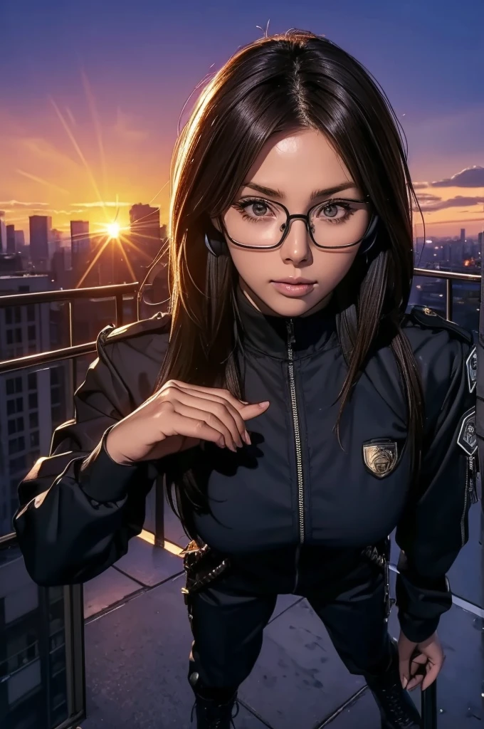 High quality image, beautiful woman, well-formed face, symmetrical eyes, thin under-rim glasses, police special forces, black bodysuit, combat boots, holster, headset intercom, on the roof of a building, with the sunset behind her,