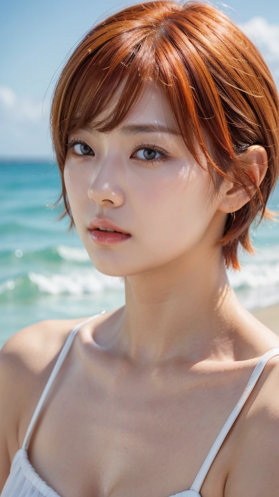 Model actress、One Woman、cool、Japanese and half European、Close-up of face、30 generation beauty、Realistic Skin、4K images、bright orange hair、Short Hair、Seaside