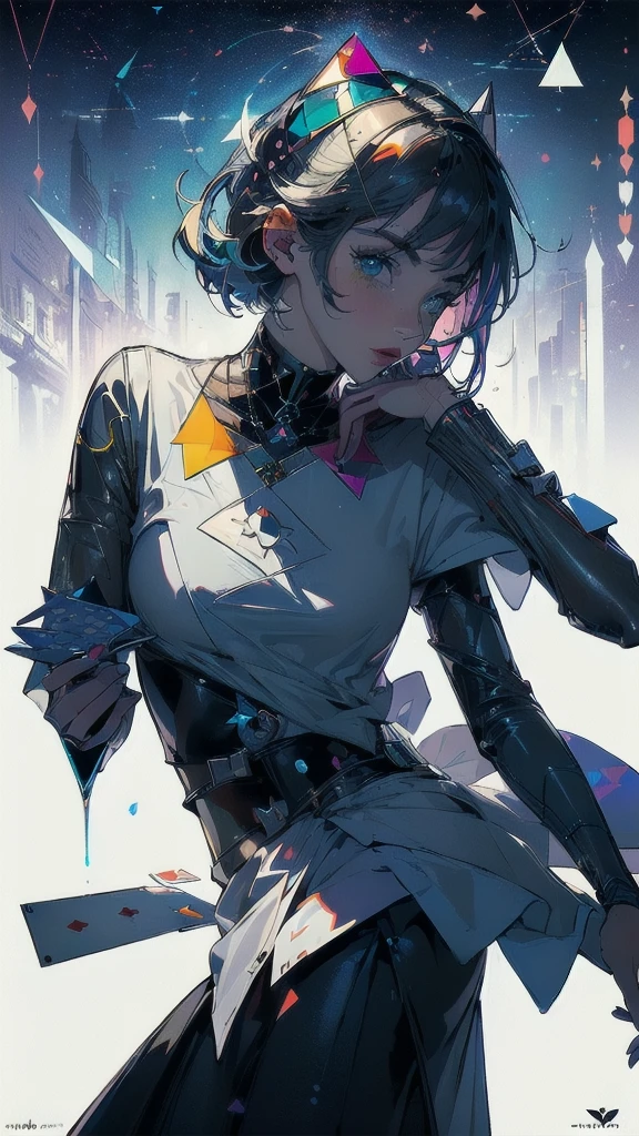 (((masterpiece, highest quality))),(((solo:1.2))),(((1girl:1.2))),32k wallpaper, very detailed, poster, vintage science fiction,(((((geometric cinematic movie poster))))), ((((bauhaus)))),(((abstract))),((((mid century modern)))),(((((portfolio))))),(((((Close-up))))),(((((bust up))))),((((more various angle)))),(((highlight))),((((heterochromia)))),(((complete. detailed face))),(((Extremely talented))),(((most complecated machine))),(((Overall colorfully))),((((((Absolutely gradation background)))))),(((playing cards princess)))