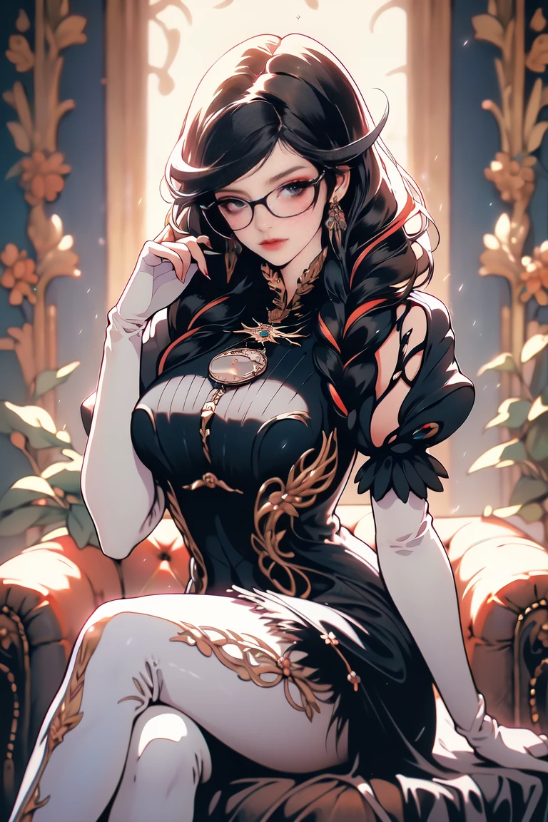 (masterpiece:1.4),(best quality:1.4),(absurdres:1.4),pin-up,bayonetta_3_twintail_aiwaifu,glasses,blue_eyes ,black_hair,long_hair,two-tone_hair,twintails,breasts,jewelry,earrings,gloves,mole_under_mouth,lips,large_breasts,twin_braids,makeup,black-framed_eyewear,bodysuit,elbow_gloves,very_long_hair,lipstick,multicolored_hair,ribbon,amulet,hair_ribbon,dress,thighhighs,white_gloves,eyeshadow,bangs,clothing_cutout,		(absurdres, highres, incredibly_absurdres:1.4),scenery,masterpiece,