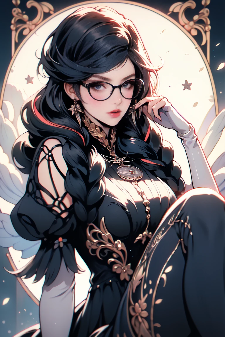 (masterpiece:1.4),(best quality:1.4),(absurdres:1.4),pin-up,bayonetta_3_twintail_aiwaifu,glasses,blue_eyes ,black_hair,long_hair,two-tone_hair,twintails,breasts,jewelry,earrings,gloves,mole_under_mouth,lips,large_breasts,twin_braids,makeup,black-framed_eyewear,bodysuit,elbow_gloves,very_long_hair,lipstick,multicolored_hair,ribbon,amulet,hair_ribbon,dress,thighhighs,white_gloves,eyeshadow,bangs,clothing_cutout,		(absurdres, highres, incredibly_absurdres:1.4),scenery,masterpiece,