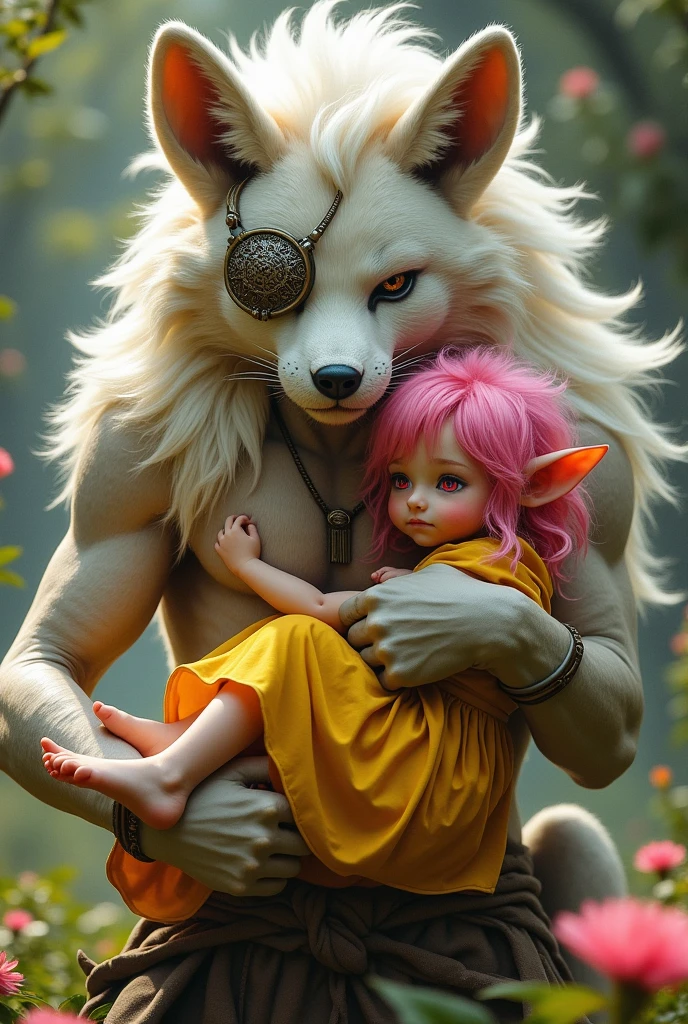 Believe me, a hyena with a feminine aesthetic body with furry features and a warrior appearance, with white hair, Muscular and wearing a dress and an eye patch, that he is carrying a pink-haired elf, pink eyes and a yellow dress that is barefoot