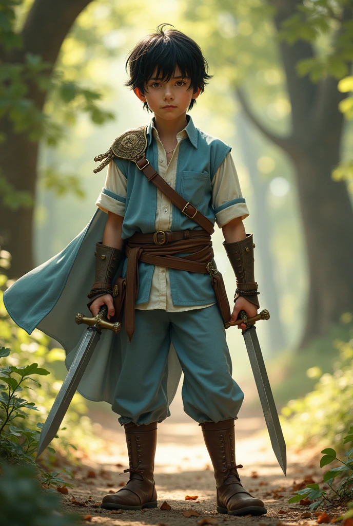 a young man with amber eyes (a dull brown under hypnotic suggestion) and short black hair with a long fringe. aged , he  is armed with twin single-edged blades as a weapon.

He is a kind-hearted and intelligent introvert. He also tends to conformity and is sometimes fearful.

wears a long pale blue shirt and trousers, a sleeveless cropped jacket, leather boots, and cloth arm guards. He wears a single pauldron over his shoulder.


 