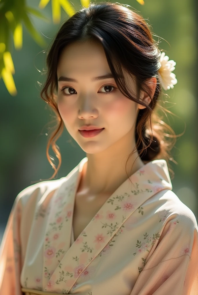 An elegantly dressed Japanese woman in natural light、A close-up of her chest and calm expression.、It shows her inner peace and outer charm.。