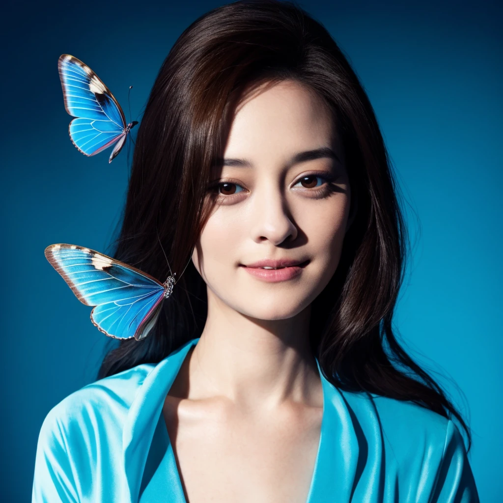 1girl, quite a bit body, ultrarealistic digital photo render art of a beautiful gorgeous young cute Asian woman, 24yo., looking at viewer, detailed face, Realistic texture human skin, bright glowing face, curved eyebrows, droopy hooded eyes, low nasal bridge, wavy nose, wind tousled bob hair, (((young Marion Cotillard blended face mixed with young Anne Hathaway))), emerging from the heart of a large glass Butterfly_pea. Bright smile. Its petals, shimmering like teardrops in the moonlight, unfurl to reveal her ethereal form. Her long hair flows like shadows, cascading around her like liquid night, illuminated by the soft glow emanating from the glass Butterfly_peas. enduring power of nature, bright blue body suit nightgown,