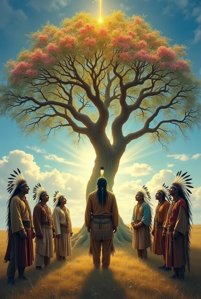 Black Elk in his vision, surrounded by the six grandfathers and the sacred tree full of flowers.