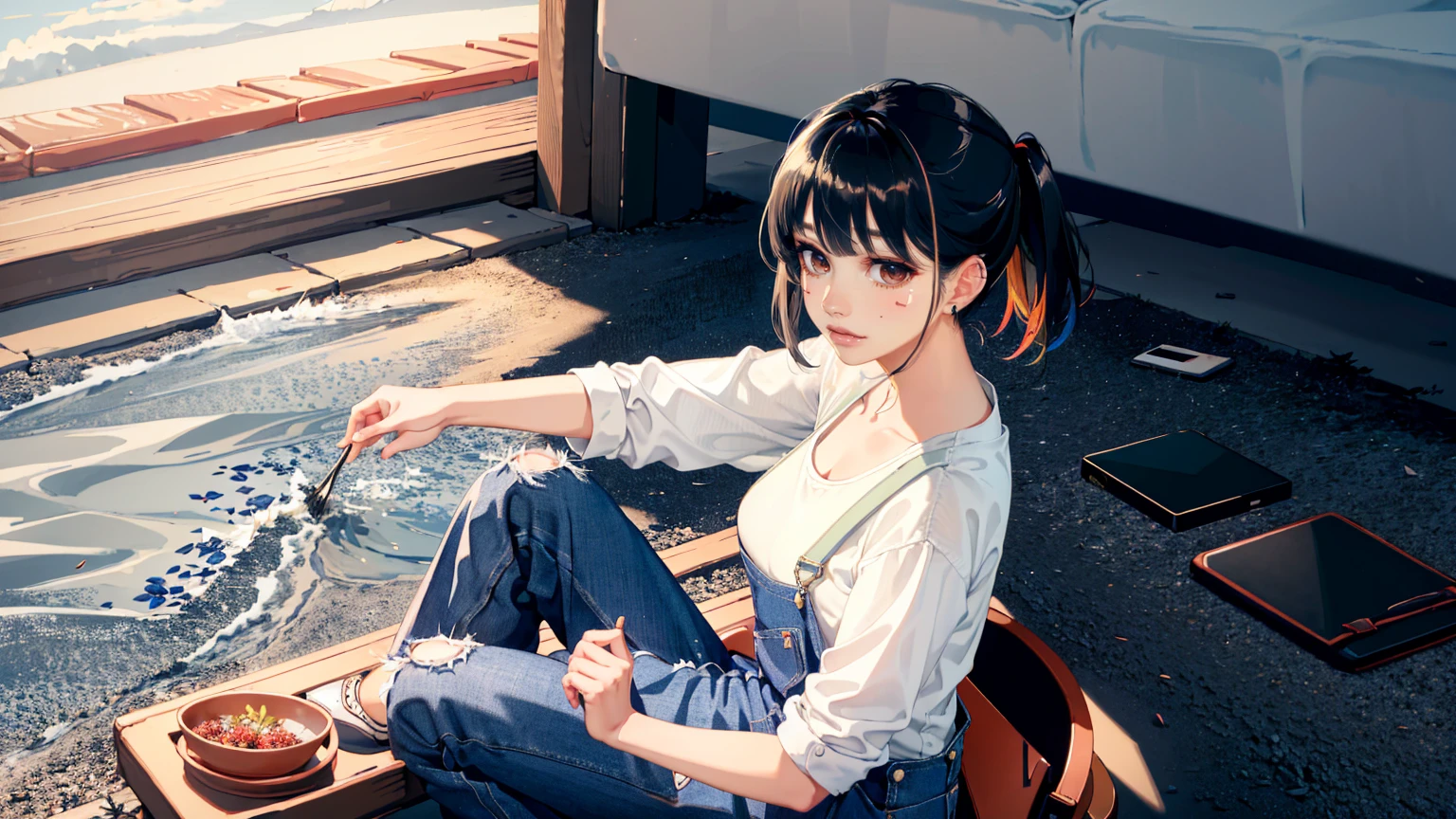 Line art, Imaginary Thoughts about Your Dream Girlfriend、Warm Depiction,Dream Lover、Envisioned as a Lifelong Partner。She embodies the Simplicity of a Chinese Country Girl、Diligent,Wisdom & Fusion、美しくDiligent性格。This Artistic Depiction Paints her within a Rural Landscape,Exudes Sweetness、Romantic atmosphere。(( 1 person, alone, Black Hair, keep, Sitting, She is Dressed in Simple Denim Overalls & a White Shirt,I'm playing the guitar)),Reflecting her Humble Origins & Grounded Personality。Her Features are Gentle & Beautiful,Gentle facial expressions、Charm。Background is Picturesque Rural Scenery,Gentle hills、Fields & Traditional Rural Home,Adds a Sweet & Simple Romantic Charm。The Overall Style Merges Realism with Idealized Rural Beauty,dream-like、Essence of a Cute Country Girl, (Floral watercolor:1.5),(Ultra high color, Bright and vibrant colors:1.5), (Browsing Caution), (Looking at the audience from the front:1.5)