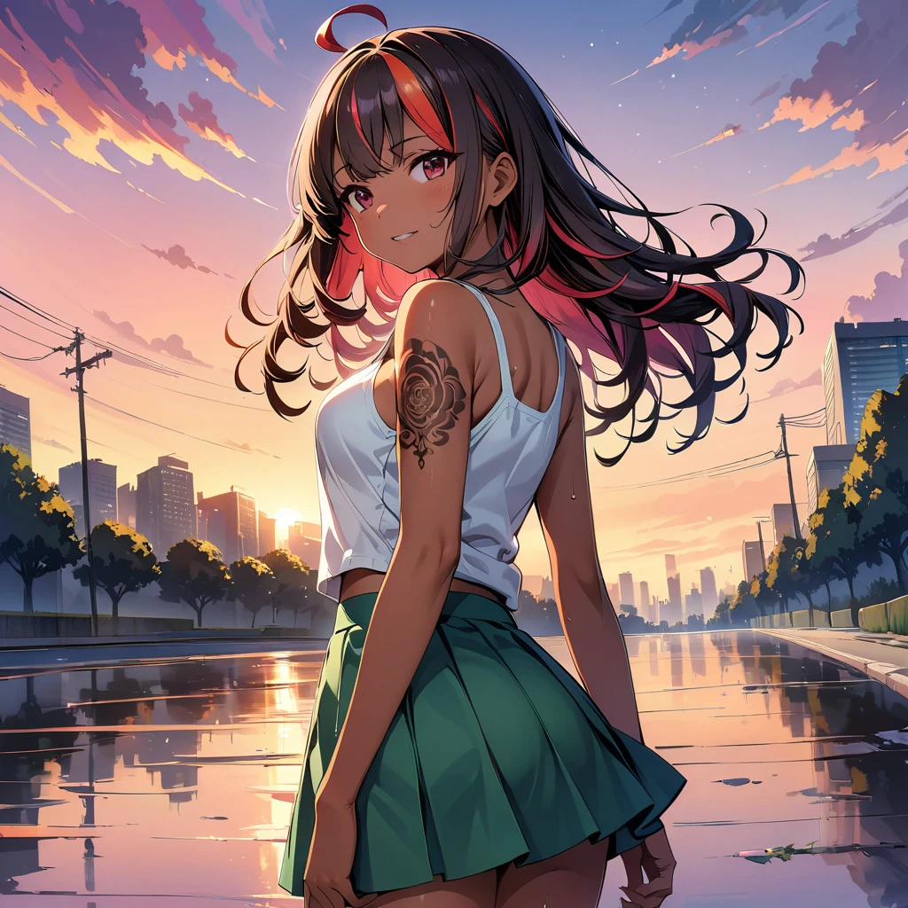 official art, unified 8k wallpaper, super detailed, masterpiece, Best image quality,super wide angle,evening,(one girl is standing), (standing far away:1.7), girl、(25 years old:1.5), (slim:1.2), tall, medium wave hair、((red and white (streaked hair:1.6)), highlights hair: 1.5, red eyes, slim body, medium breast, (tan skin:1.1), (Floral Fineline tattoo design on left arm:1),tank top, mini skirt, Bright colors、Beautiful fine details、Beautiful lip detail、Standing in the wet street in city, water is like a mirror,reflecting the sky, look up to the sky,Colorful sunset,Dynamic angle, grace, bright colors, ((from behind:1)), full body