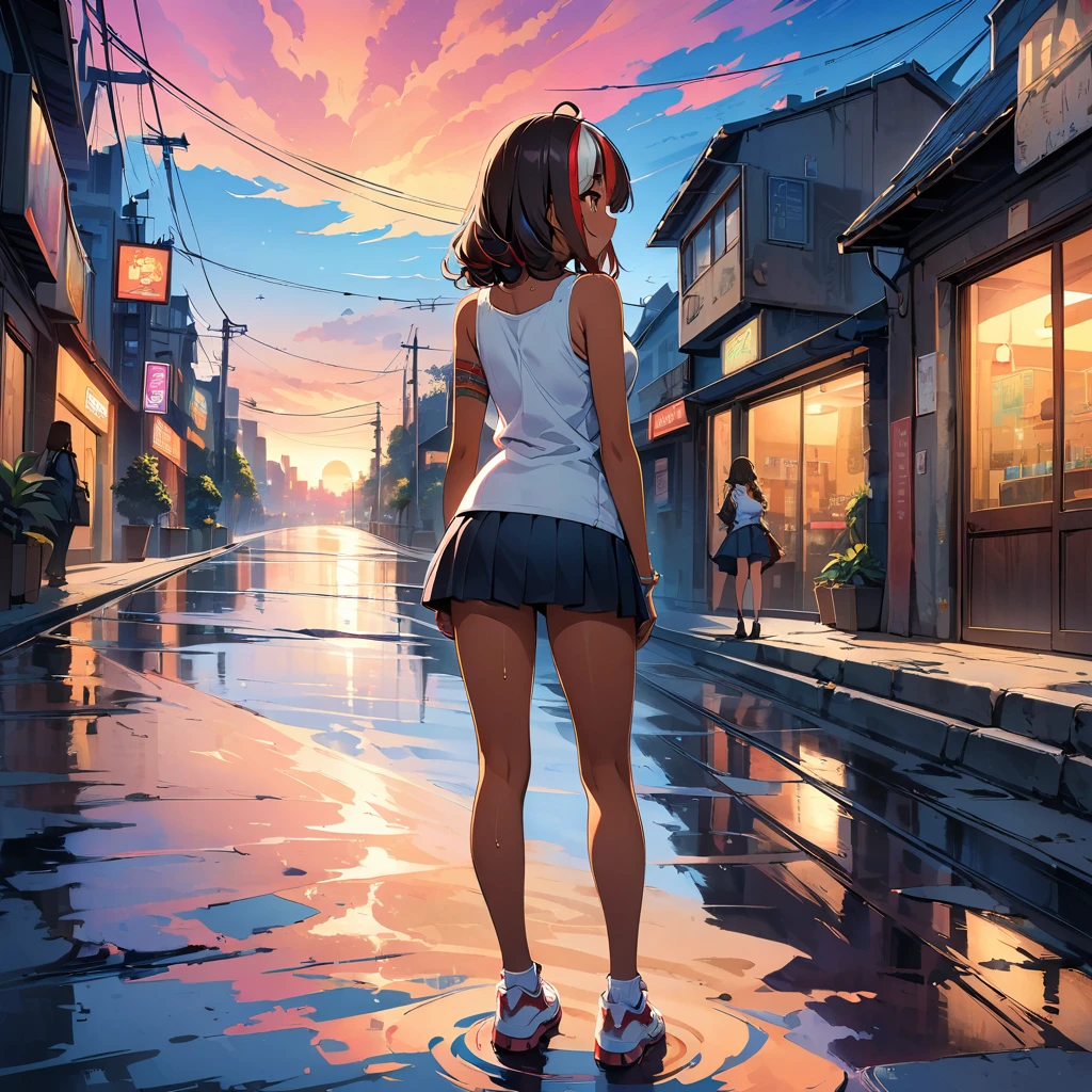 official art, unified 8k wallpaper, super detailed, masterpiece, Best image quality,super wide angle,evening,(one girl is standing), (standing far away:1.7), girl、(25 years old:1.5), (slim:1.2), tall, medium wave hair、((red and white (streaked hair:1.6)), highlights hair: 1.5, red eyes, slim body, medium breast, (tan skin:1.1), (Floral Fineline tattoo design on left arm:1),tank top, mini skirt, Bright colors、Beautiful fine details、Beautiful lip detail、Standing in the wet street in city, water is like a mirror,reflecting the sky, look up to the sky,Colorful sunset,Dynamic angle, grace, bright colors, ((from behind:1)), full body