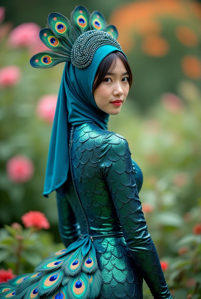 The beautiful and thinest Chinese adult girl with beautiful cheeks wears blue peacock lycra turtleneck unitard catsuit covered with many large scales.She has a glitter peacock tail.She always wear lycra elastane stretchy dancewear hijab-like hood with crest .She is happy at Jungle.She is having bird makeup.