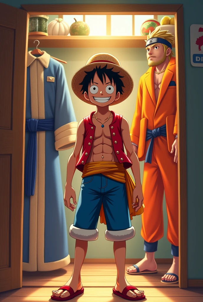 I want a representation of Jesus animated but with Luffy's clothing, and behind him an open closet where you can see artifacts and clothing from Fairy Tail, Naruto and Dragon Ball