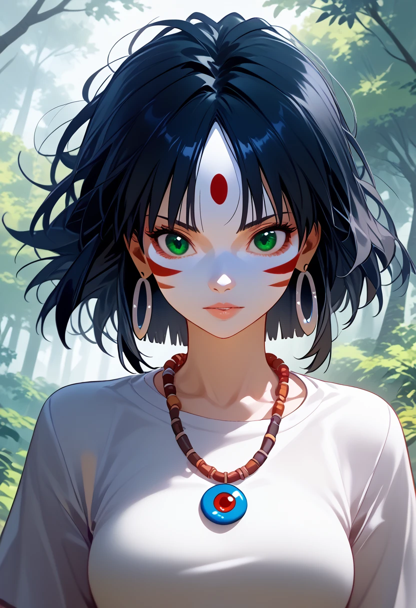 mj3d style,3dmm,3d,(masterpiece, Best quality:1.1), Ghibli style, San (Mononoke Hime), 1 girl, bracelet, bang, black hair, black undershirt, breast, e.g, hoop, earrings, face paint, floating hair, the forest, fur e.g, green eyes, Jewelry, I look at the viewer, medium breast, nature, NECKLACE, on open air, parted bang, shirt, short hair, without sleeves, without sleeves shirt, One, tooth NECKLACE, tree, upper body, white shirt