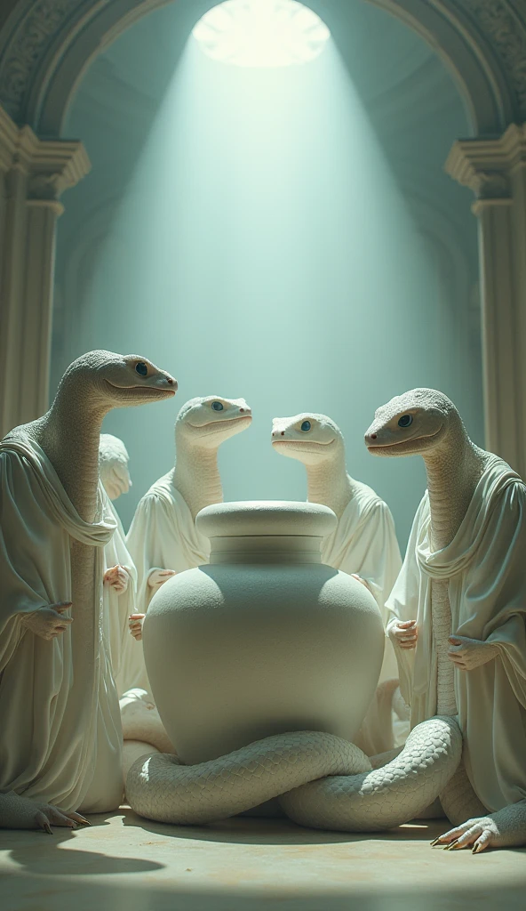 Screenshot, wearing gorgeous white clothes, pale (lifeless), rough skin, rough texture clothes, anthropomorphic multiple snakes, praying around a huge jar, pure white light, detailed skin expression, magnificent classical building background (realistic film lighting, 4K quality, surreal, detailed photography, film style, 35mm, rich and deep color, masterpiece, ultra high resolution, photorealistic, 8k, surrealism, Fujifilm: 1.3), mysterious and beautiful atmosphere, gorgeous and fantastic atmosphere, fog, rough image texture, mysterious atmosphere, spiritual beings (not AI image),