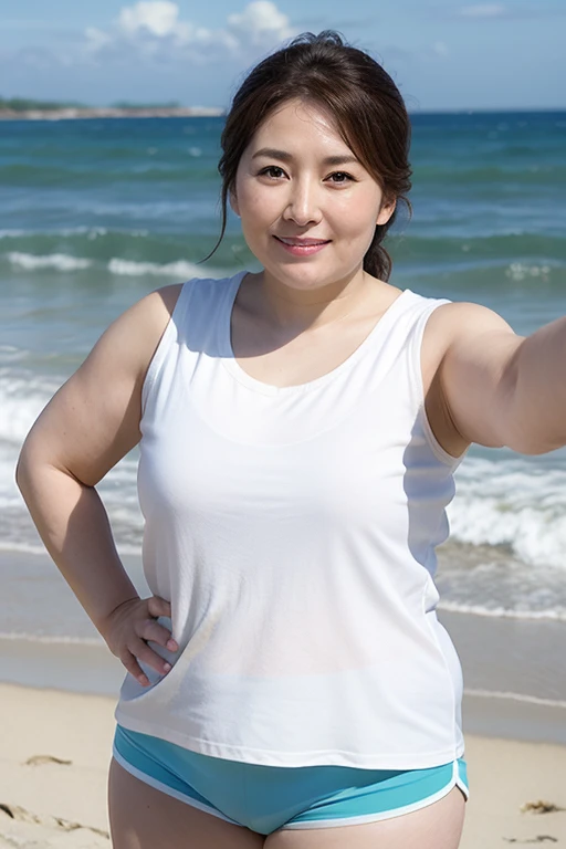 Aunt in Osaka、Organic Photography、Take a selfie with your phone in one hand,best quality、masterpiece、Ultra-high resolution、Beautiful old lady、47 years old、Elegant face,Happy and charming,Smile,Wear a sports vest,Skinny nylon shorts,Show off your plump thighs,Severe sagging breast contour,Hair band、High Ponytail,Real skin texture,on the beach,at the seaside,Background blur