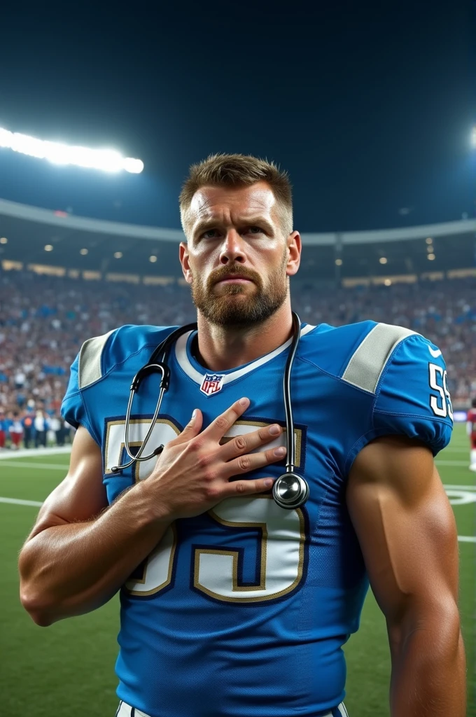 A football player using a stethoscope