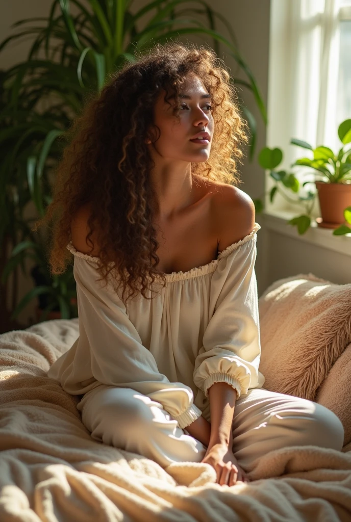 (photorealism:1.2), beautiful woman, sitting on bed, wearing loose off-shoulder top, pajama pants, long curly hair, indoors, soft lighting, plants in background, window with sunlight, cozy room, relaxed pose, realistic, intricate details, warm colors, by Greg Rutkowski, by Alphonse Mucha