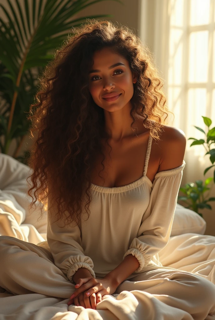 (photorealism:1.2), beautiful woman, sitting on bed, wearing loose off-shoulder top, pajama pants, long curly hair, indoors, soft lighting, plants in background, window with sunlight, cozy room, relaxed pose, realistic, intricate details, warm colors, by Greg Rutkowski, by Alphonse Mucha