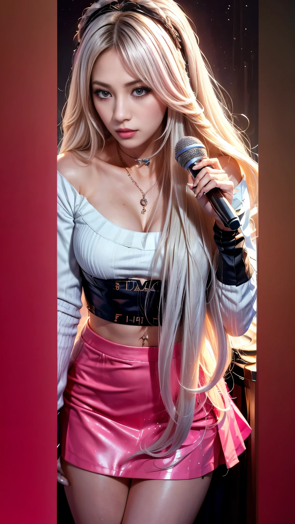 photorealistic,Realistic illustration in Modelshoot style,((masterpiece)),((The best quality)),((Ultra Quality)),((ultra detailed)),((1girl long white hair)),((Only)),((waifu:1.5)),Perfect anatomy,perfect hands,beautiful cuerpo,beautiful_method,ulzzang-6500-v1,e-chica,((Exceptionally Beauty Waifu Princess Mary R.)),((a close up of a woman in a short skirt and a microphone:1.5)), ((singing to the viewer with a lot of love:1.4)), ((jisoo from blackpink, jisoo of blackpink, blackpink jennie, bae suzy)), ((portrait jisoo blackpink, lalisa manoban of blackpink, jia)), ((performing on stage:1.3)), ((kda, lalisa manobal, sun yunjoo, jossi of blackpink, jinyoung shin, aesthetic!!!!!! female genie)),((bright-pink_eyes)),long wavy hair, ((white hair)),hair clips,eyeliner,cute makeup,lipstick,Glossy lipstick,with a look of love, worry and sadness,((eyes detallados perfectos)),rainy with fog outside,evening,pink theme,bioluminiscencia,light particles,((Extremely CG Unity 8K Wallpaper)),((cinematic lighting,Best quality lights)),intricate details,Suave,sharp focus,Extremely beautiful and aesthetic,Octane rendering,Full length portrait,damp skin,((Perfect detailed body)),